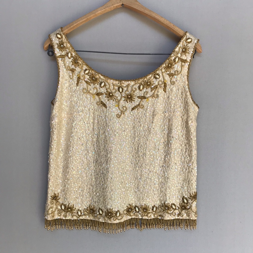 Vintage Beaded Top, Boho Gypsy Gold Cream Large